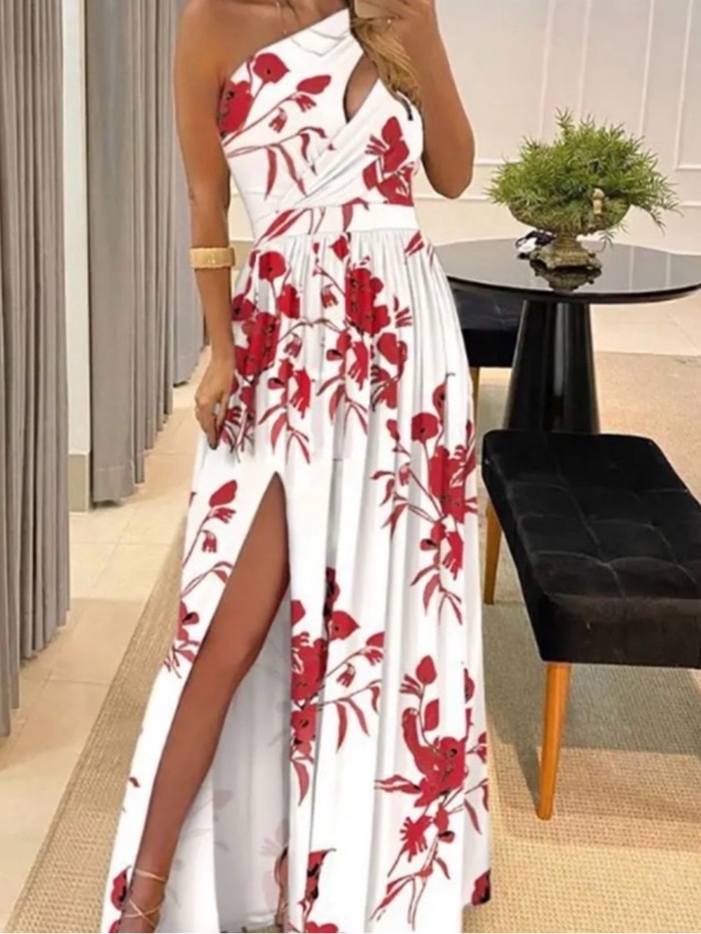 Asymmetric One-Shoulder White Maxi Dress with Red Floral Print